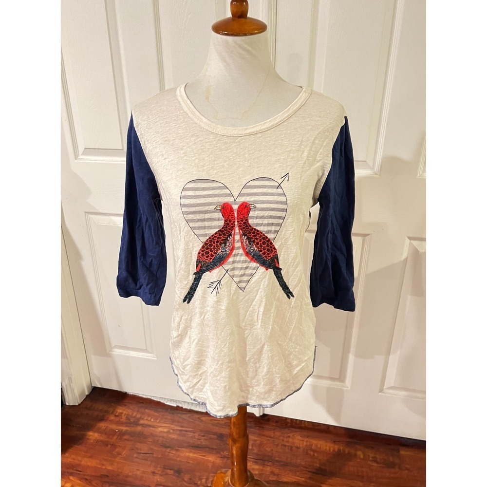 J. Crew Womens 100% Linen Bird Baseball Tshirt Sz S Preppy Twee Hearts Artsy